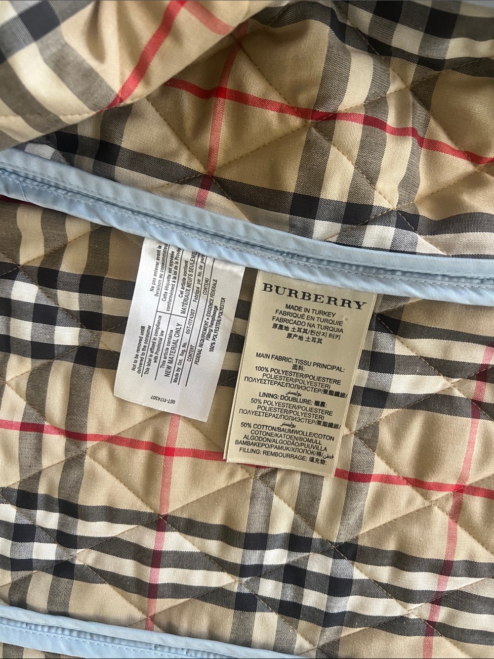 Burberry Light Blue Quilted Puffer Jacket with Signature Plaid Cuffs EC - Picture 9 of 10